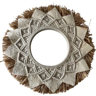 Raffia mirror with macrame flower decoration